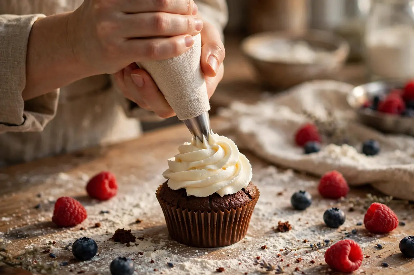 Piping frosting on a cupcake